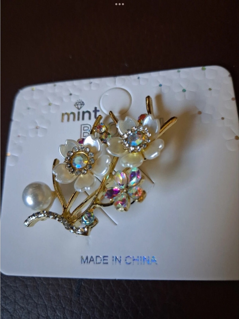 Mint Gold Floral Brooch with White Pearls and Iridescent Crystals